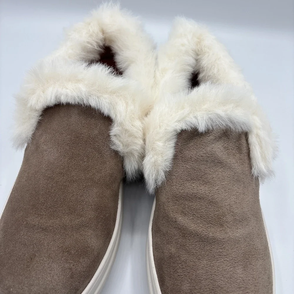 J Slides NYC Taupe Suede Neel Fur Trim Slip On Sneaker‎ Size 6M
